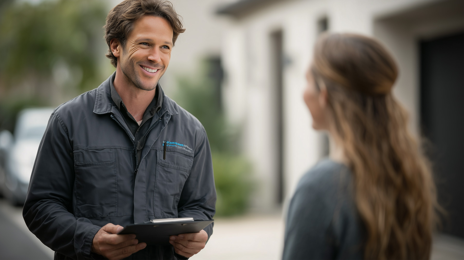 Smiling HVAC technician from Vortech Air & Plumbing talks with a homeowner outside her Southern California home, holding a clipboard during a service visit.