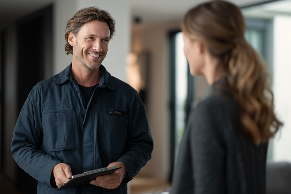 Smiling HVAC technician holding tablet while speaking with homeowner inside a Temecula, CA residence