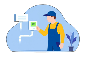 HVAC technician installing air quality monitor and filtration system.