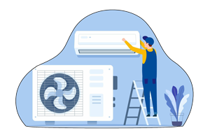 Technician servicing outdoor air conditioning unit at Temecula home.