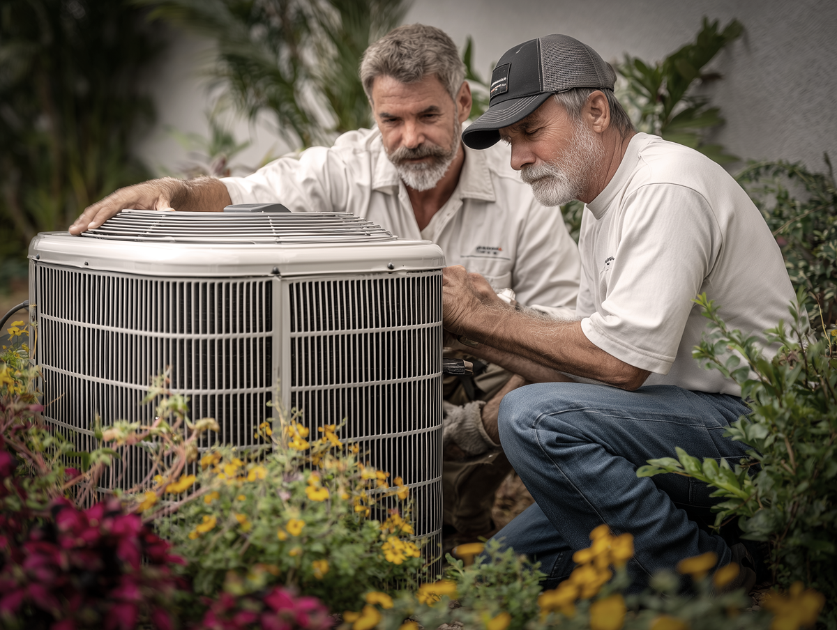 HVAC System Replacement & Installation — Pacific Palisades | Vortech Air & Plumbing Two HVAC installers performing energy-efficient system replacement beside garden unit in Pacific Palisades