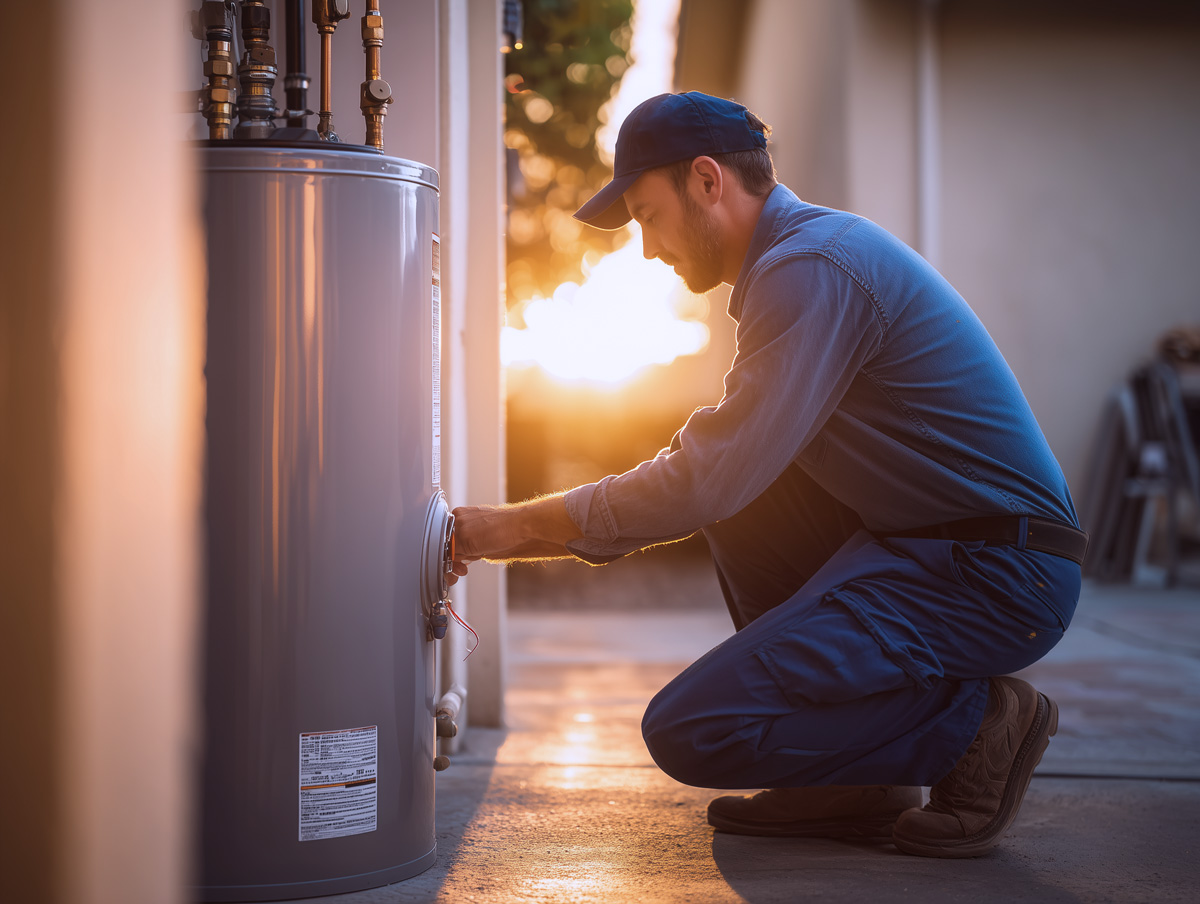 Licensed plumber in Temecula Wine Country repairing a residential water heater.