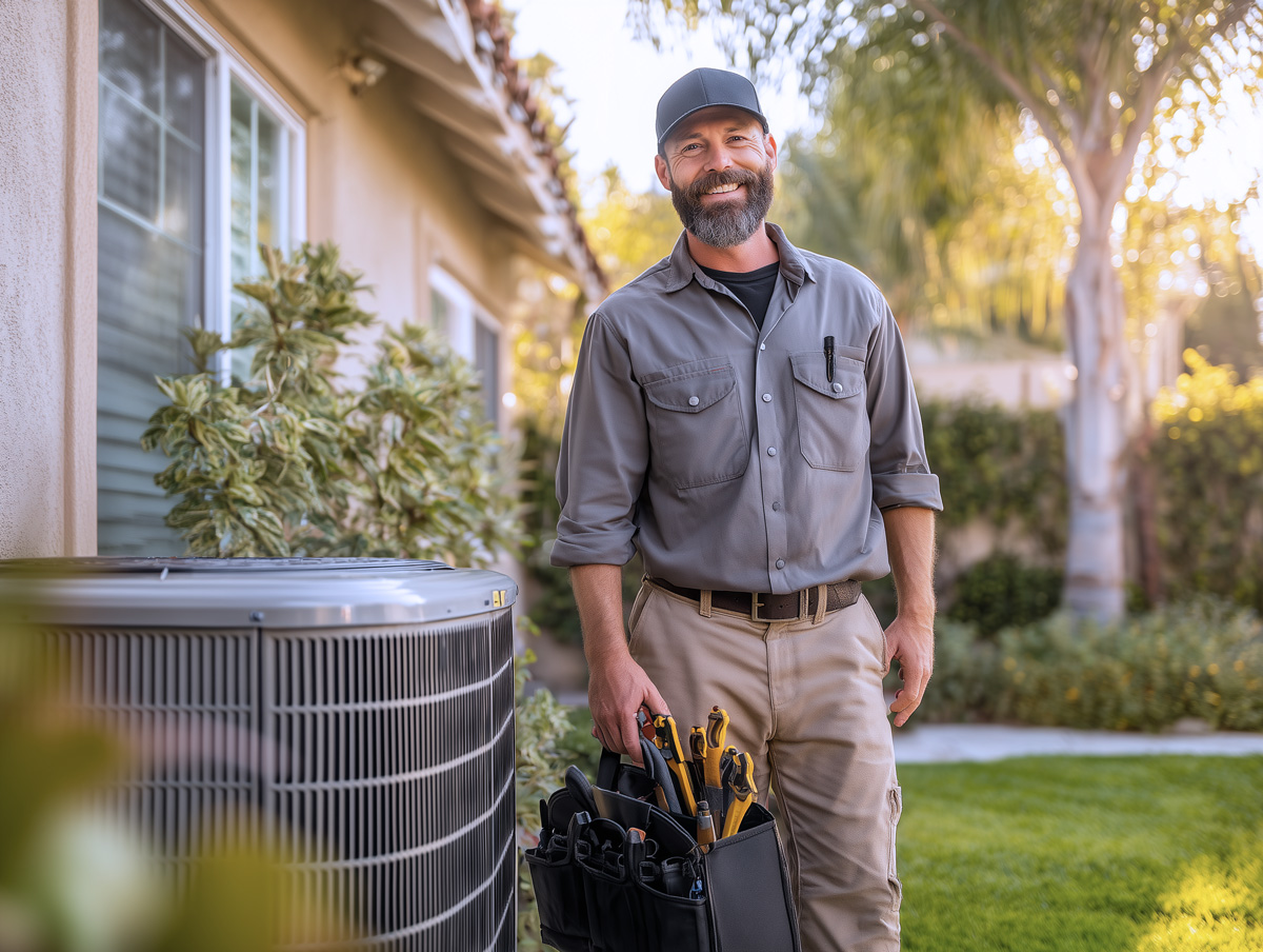 Technician servicing a home air conditioner next to a condenser in Temecula