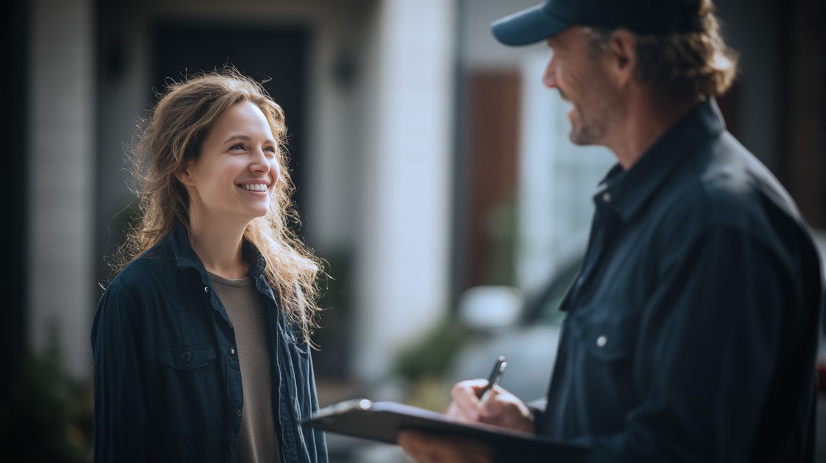 Smiling homeowner talking with HVAC technician after service visit in Laguna Niguel