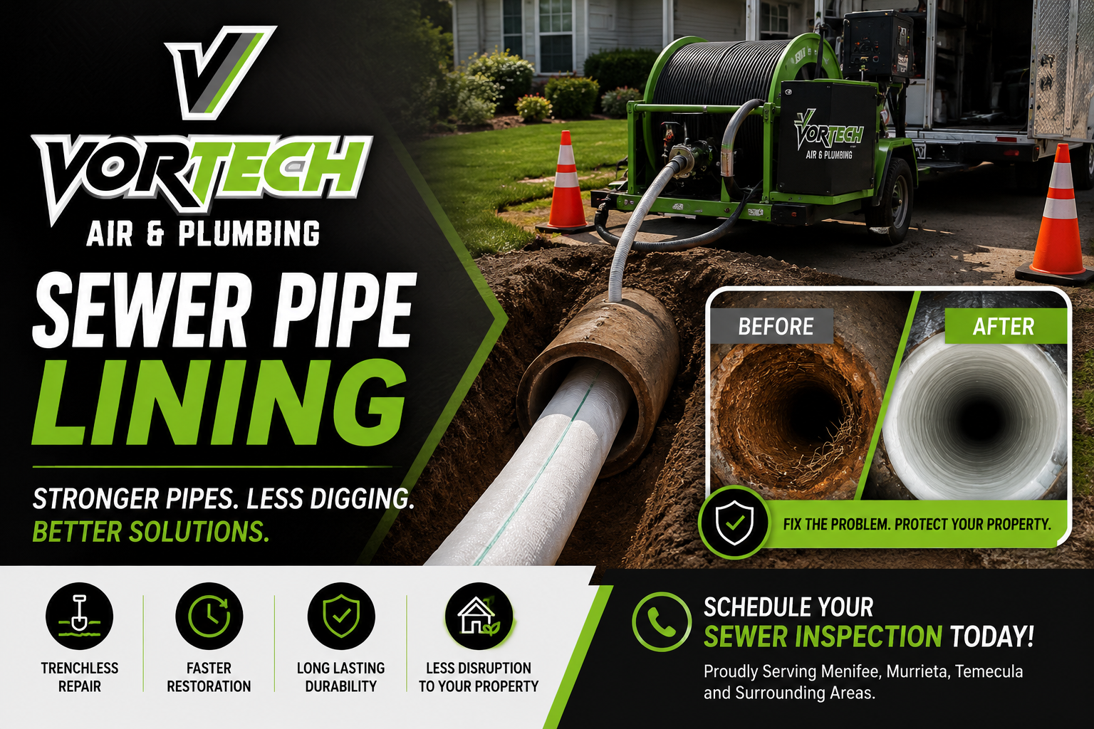 Vortech Air & Plumbing Solutions sewer pipe lining service showing trenchless sewer repair equipment and a before-and-after view of a damaged sewer pipe restored with a new liner